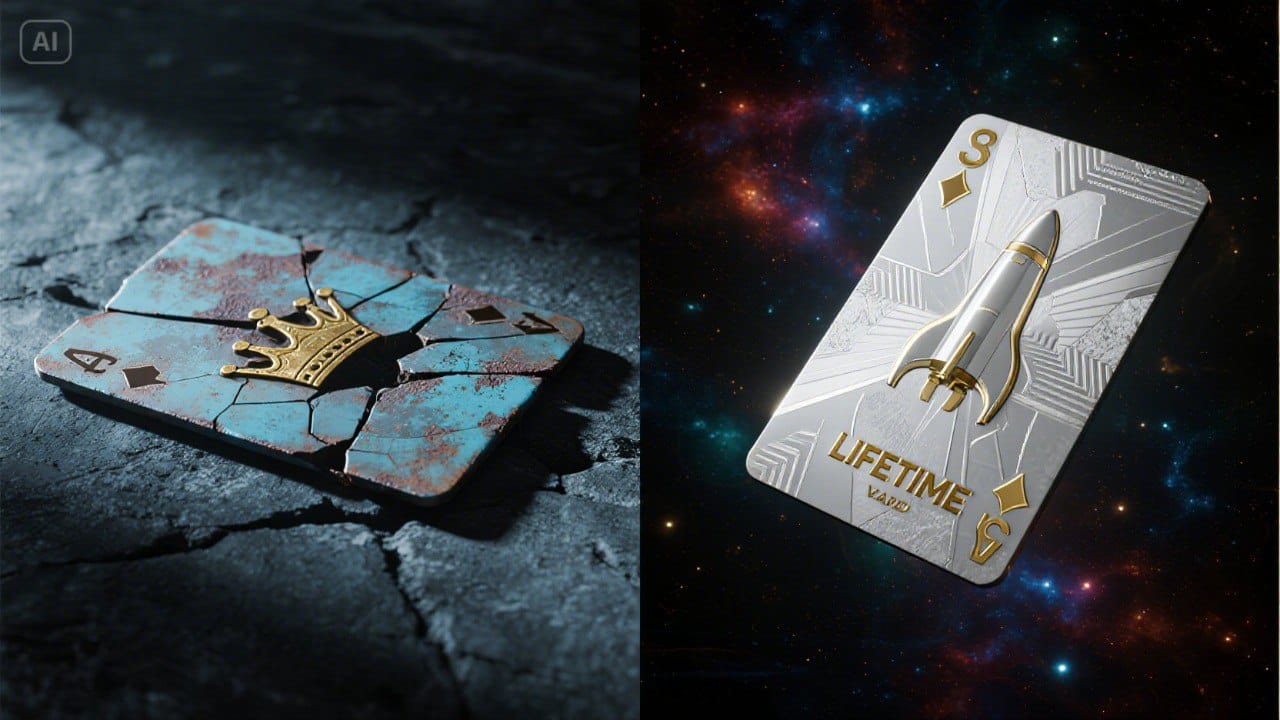 Left: rusty casino VIP card with broken crown on dark concrete. Right: futuristic platinum VIP card with 'LIFETIME' in gold, rocket floating against cosmic nebula.