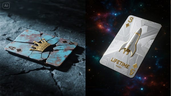 Left: rusty casino VIP card with broken crown on dark concrete. Right: futuristic platinum VIP card with 'LIFETIME' in gold, rocket floating against cosmic nebula.
